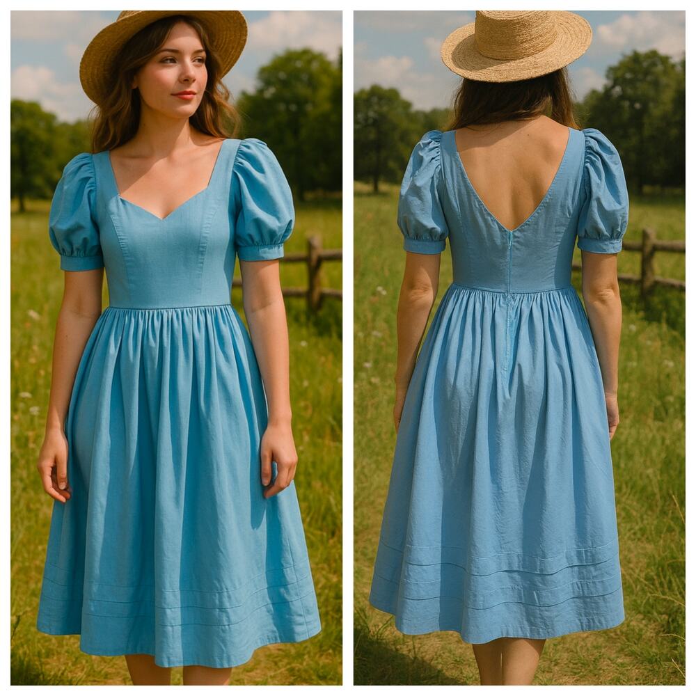 Vintage Laura Ashley Blue Cotton Puff Sleeve Dress Britain Size UK 14 / US 12